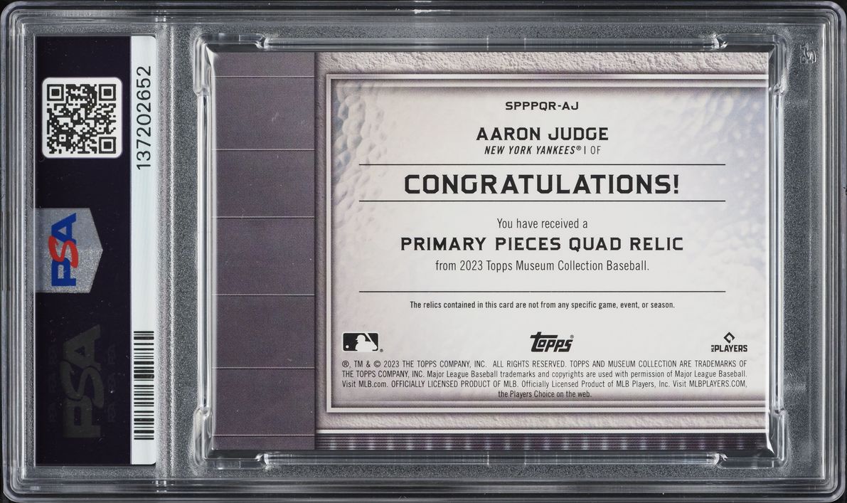 2023 Topps Museum Collection Primary Pieces Amethyst Aaron Judge PATCH /15 #SPPPQRAJ PSA 7 NRMT