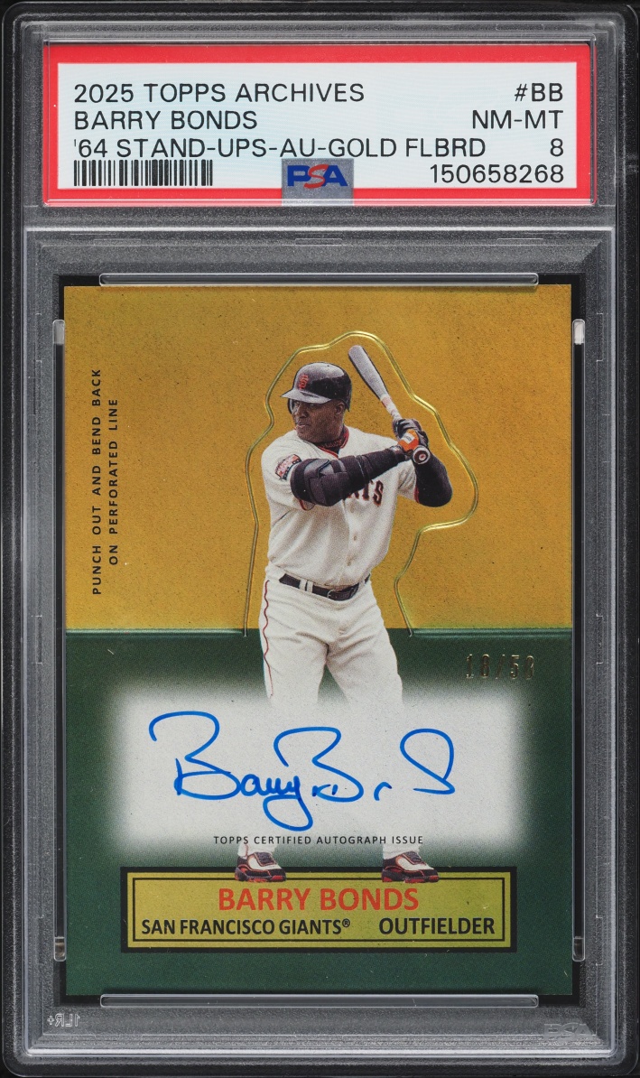 2025 Topps Archives '64 Stand-Up Gold Foilboard Barry Bonds AUTO /50 #64SUA-BB PSA 8 NM-MT