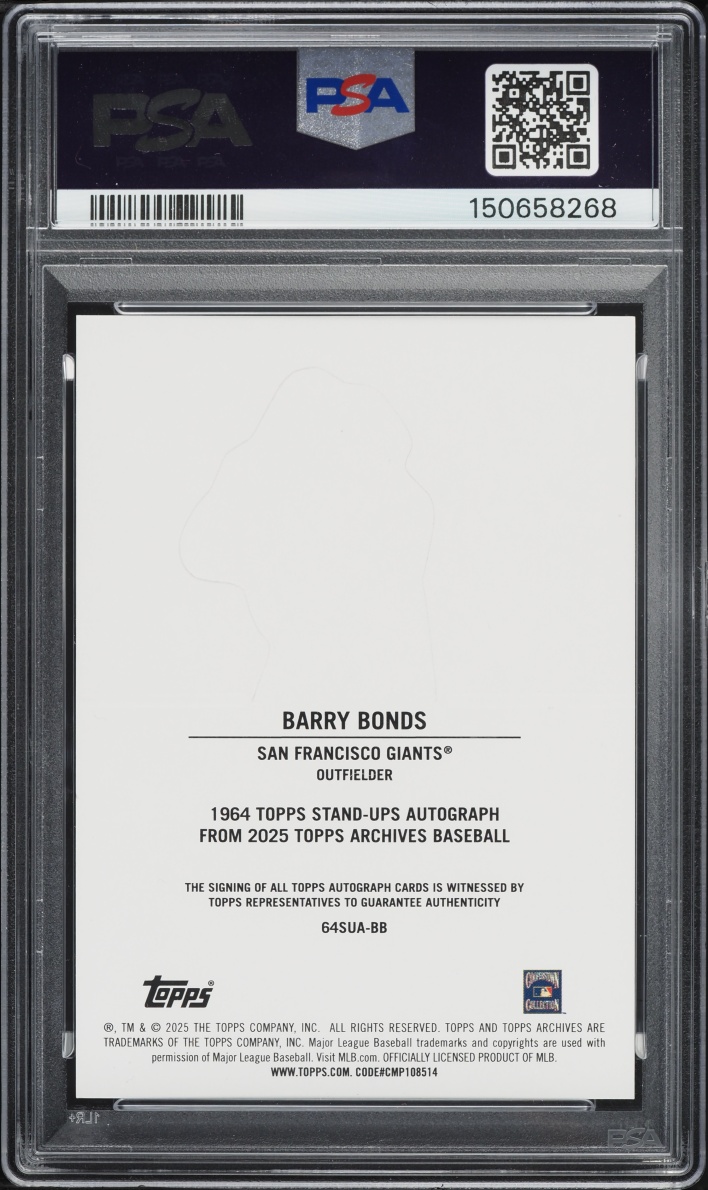 2025 Topps Archives '64 Stand-Up Gold Foilboard Barry Bonds AUTO /50 #64SUA-BB PSA 8 NM-MT