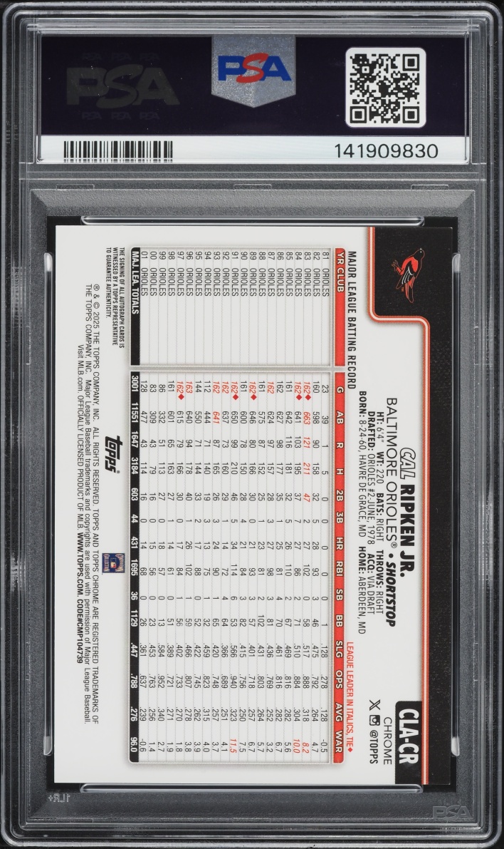 2025 Topps Chrome Update Legends Cal Ripken Jr. AUTO /50 #CR PSA 9 MINT