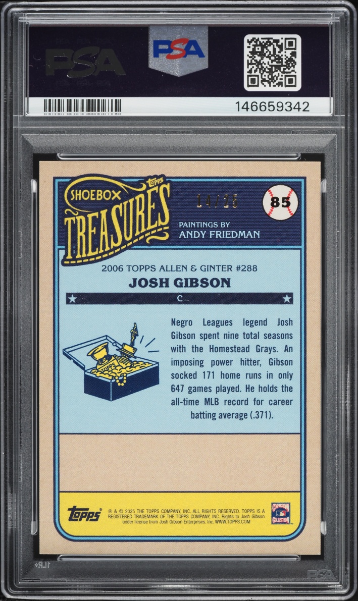 2025 Topps Shoebox Treasures Rainbow Foil Josh Gibson /25 #85 PSA 9 MINT