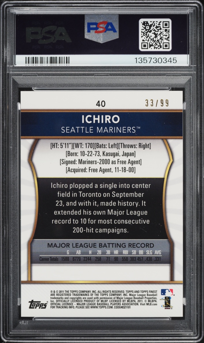 2011 Finest Orange Refractor Ichiro /99 #40 PSA 8 NM-MT