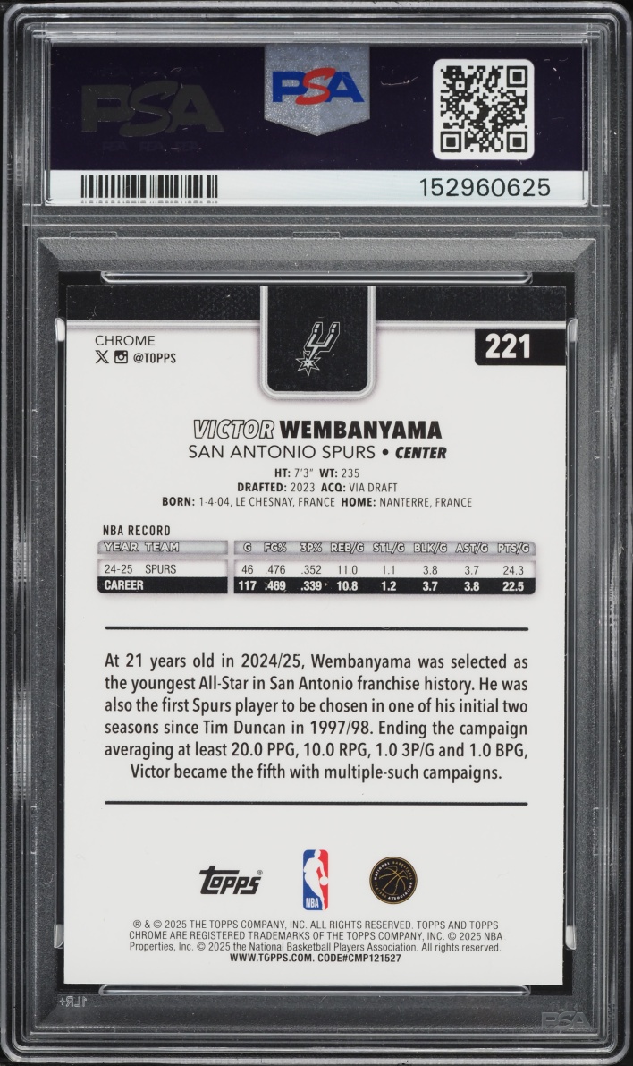 2025 Topps Chrome Prism Refractor Victor Wembanyama #221 PSA 9 MINT