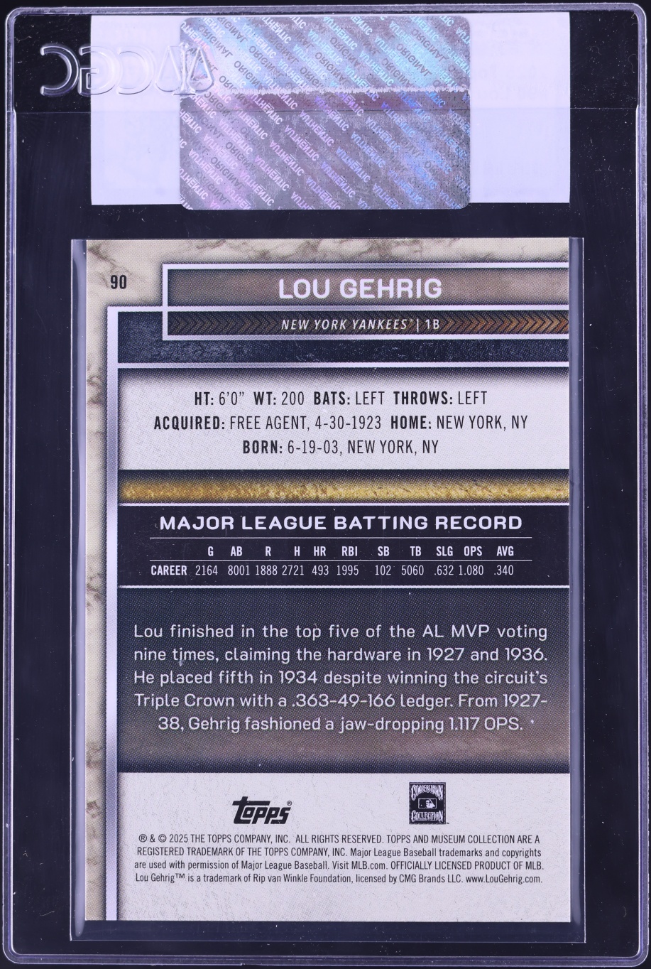 2025 Topps Museum Collection Lou Gehrig #90 CGC AUTH