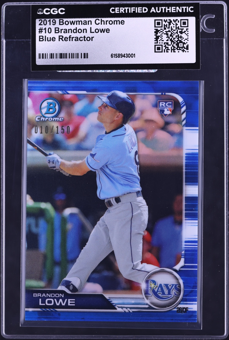 2019 Bowman Chrome Blue Refractor Brandon Lowe ROOKIE /150 #10 CGC AUTH