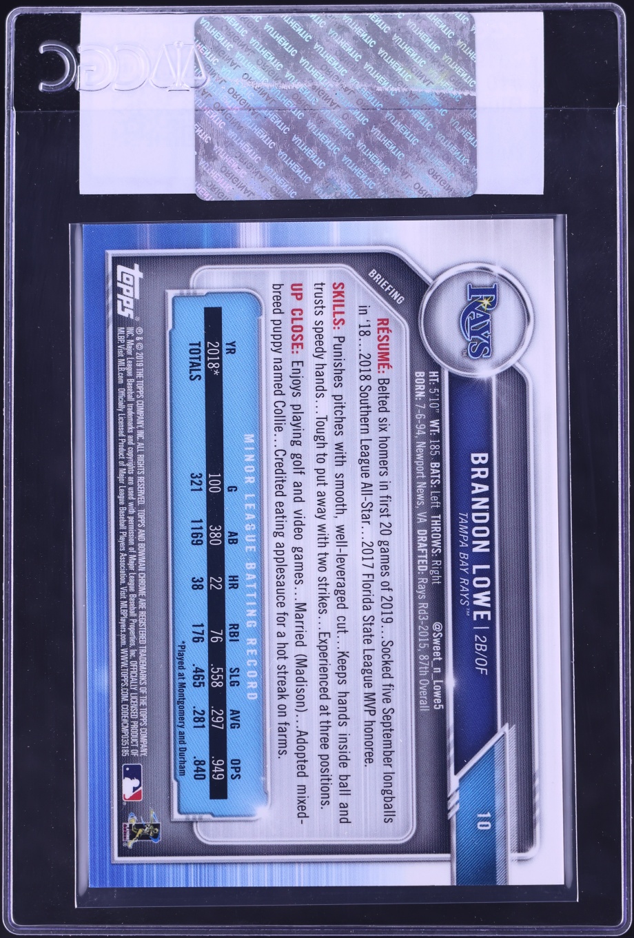 2019 Bowman Chrome Blue Refractor Brandon Lowe ROOKIE /150 #10 CGC AUTH