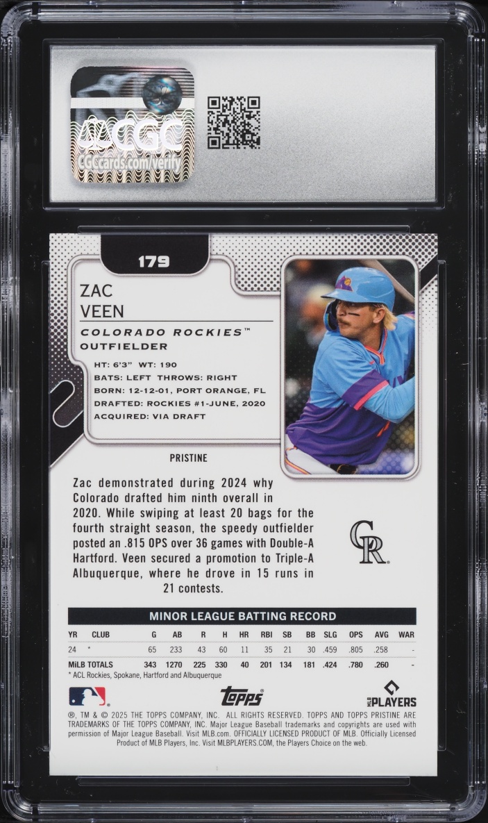 2025 Topps Pristine Aqua Refractor Zac Veen ROOKIE /199 #179 CGC 9 MINT