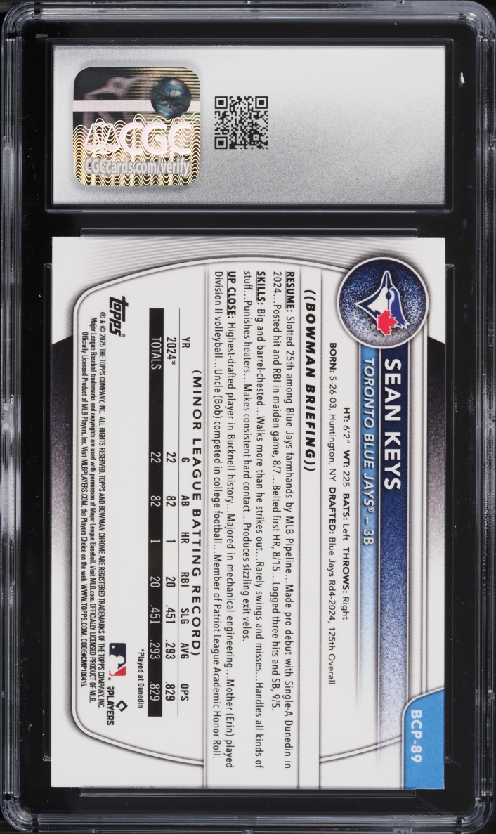 2025 Bowman Chrome Purple Refractor Sean Keys PROSPECT /250 #BCP-89 CGC 10 GEM MINT
