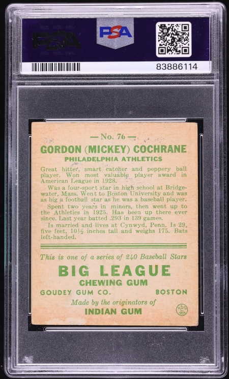 1933 Goudey Mickey Cochrane #76 PSA 3 VG