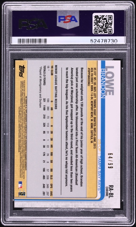 2019 Topps Chrome Green Refractor Brandon Lowe ROOKIE AUTO /99 #RA-BL PSA 10 GEM MINT
