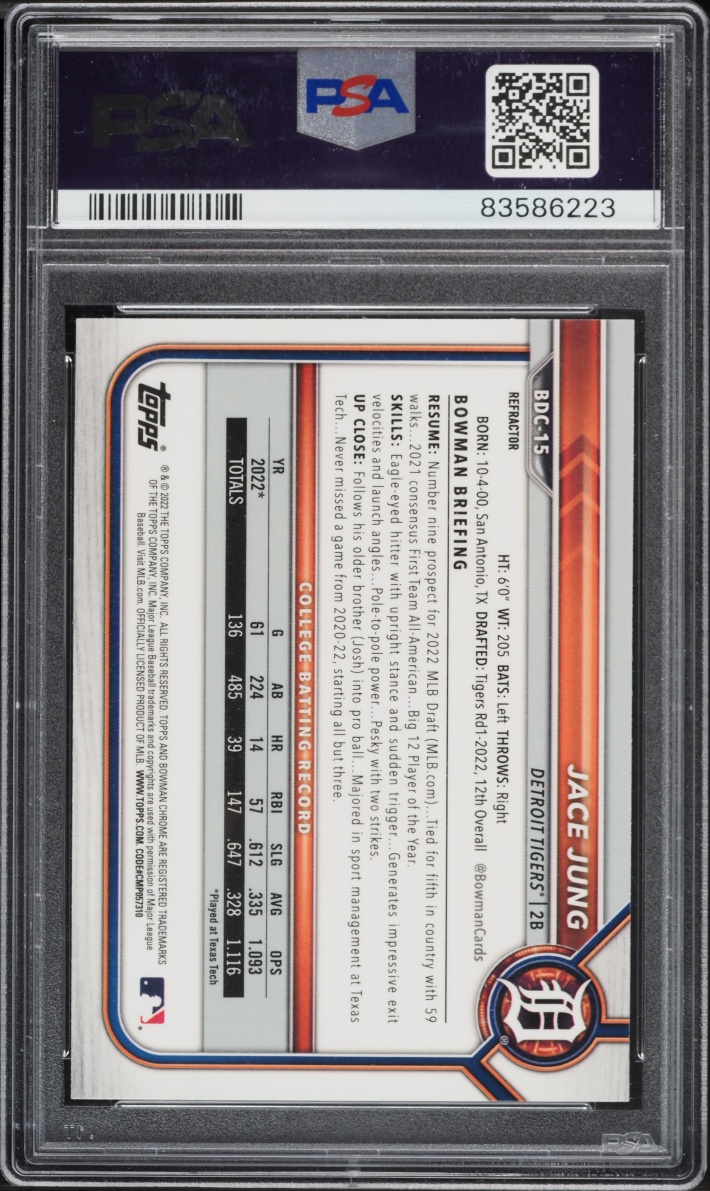 2022 Bowman Chrome Draft Refractor Jace Jung PROSPECT #BDC-15 PSA 9 MINT