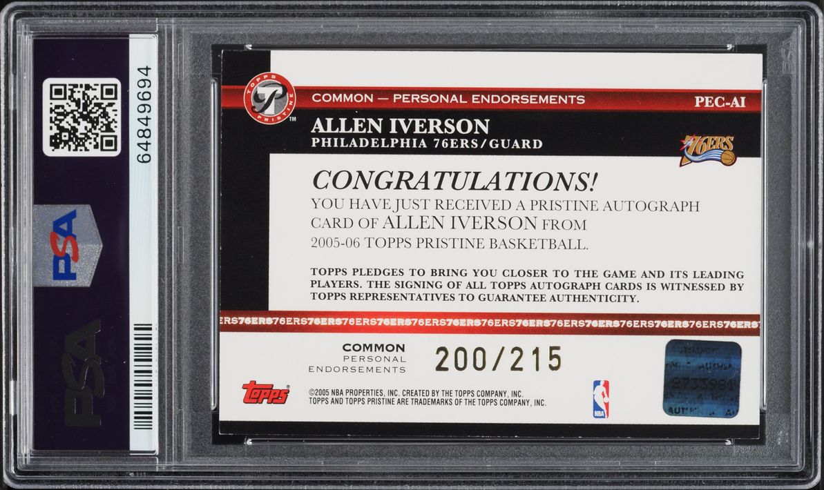 2005 Topps Pristine Personal Endorsements Allen Iverson AUTO /215 #PECAI PSA 8 NM-MT