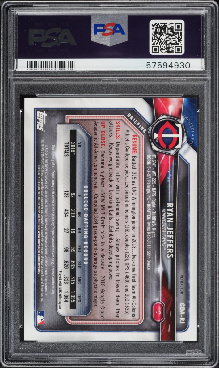 2018 Bowman Chrome Draft Picks Refractor Ryan Jeffers PROSPECT AUTO /499 #CDARJ PSA 9 MINT