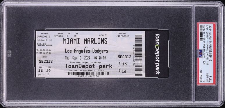 2024 Marlins Vs Dodgers Full Ticket 1st 50/50 Player In MLB History Shohei Ohtani PSA 10 GEM