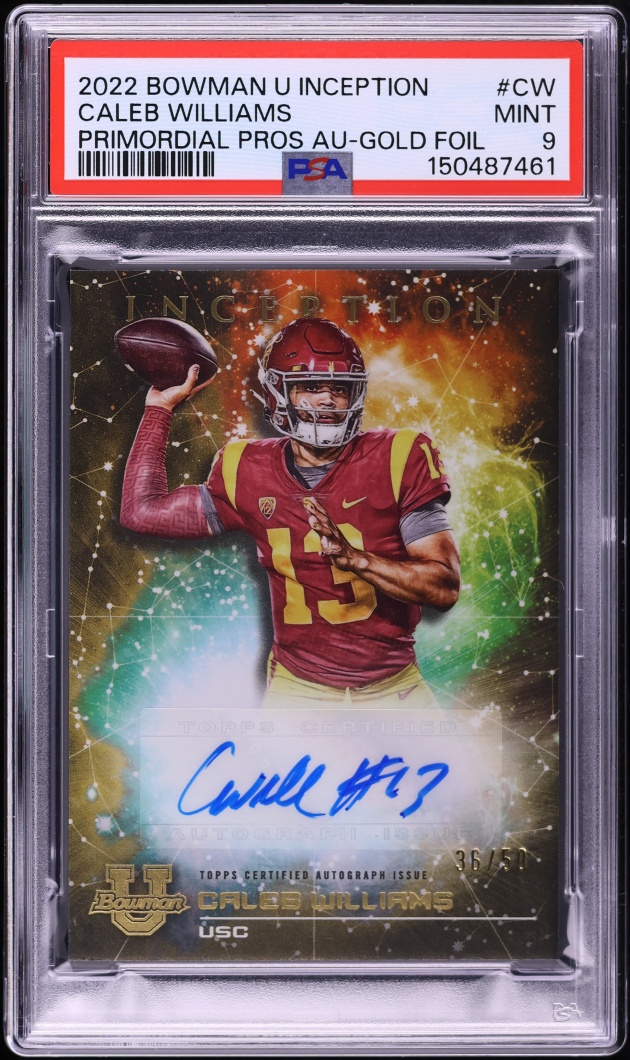 2022 Bowman University Inception Primordial Gold Foil Caleb Williams RC AUTO /50 #PMP-CW PSA 9