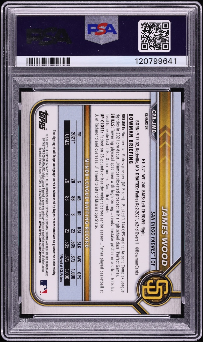 2022 Bowman Chrome Refractor James Wood PROSPECT AUTO /499 #CPA-JWD PSA 9 MINT