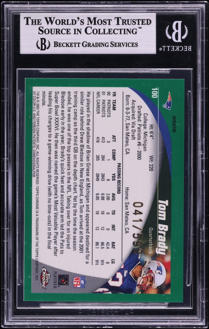 2002 Topps Chrome Black Refractor Tom Brady /599 #100 BGS 9 MINT