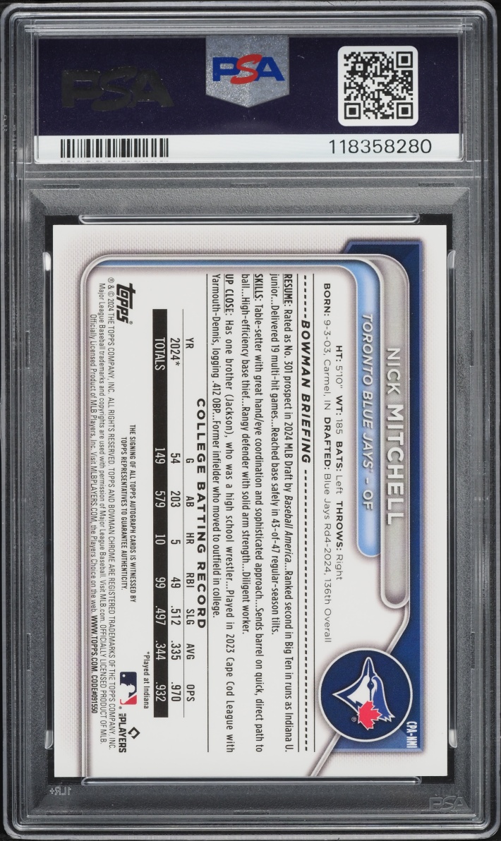 2024 Bowman Chrome Draft Orange Refractor Nick Mitchell PROSPECT AUTO /25 #CPA-NMI PSA 9 MINT
