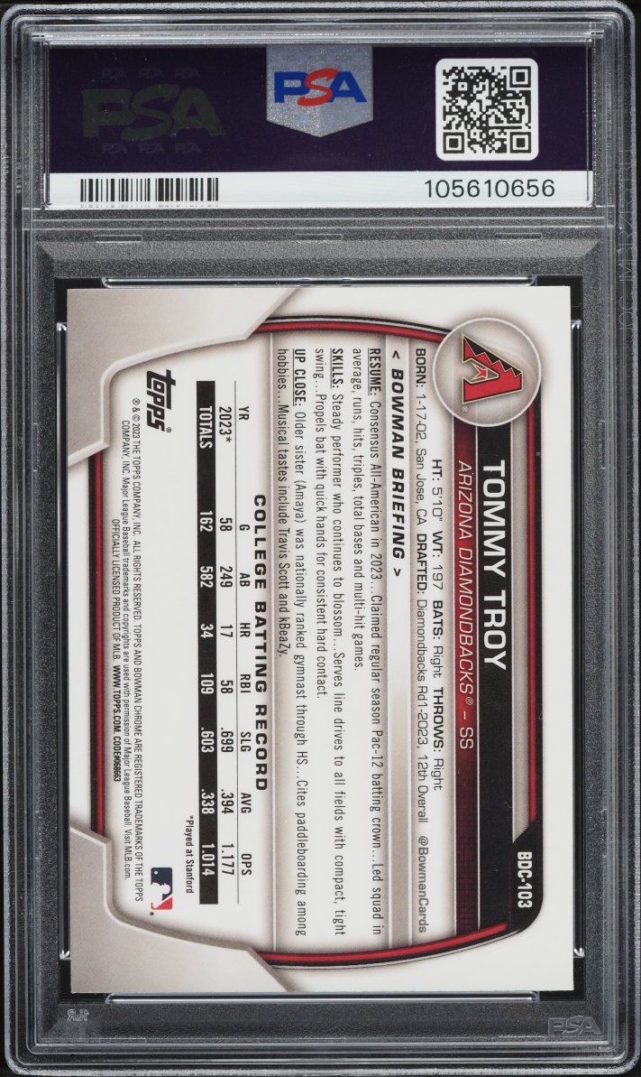 2023 Bowman Chrome Draft Aqua Wave Tommy Troy PROSPECT /125 #BDC-103 PSA 10 GEM MINT
