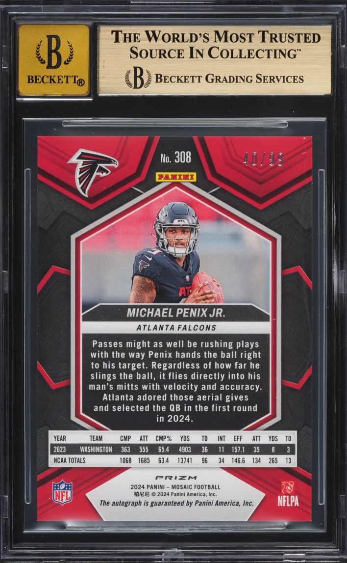 2024 Panini Mosaic Mosaic Blue Michael Penix Jr. ROOKIE AUTO /99 #308 BGS 9.5 GEM MINT
