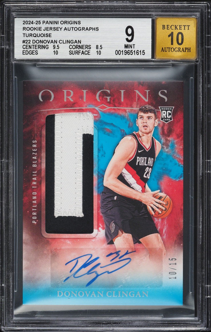 2024 Panini Origins Jersey Turquoise Donovan Clingan ROOKIE PATCH AUTO /15 #22 BGS 9 MINT