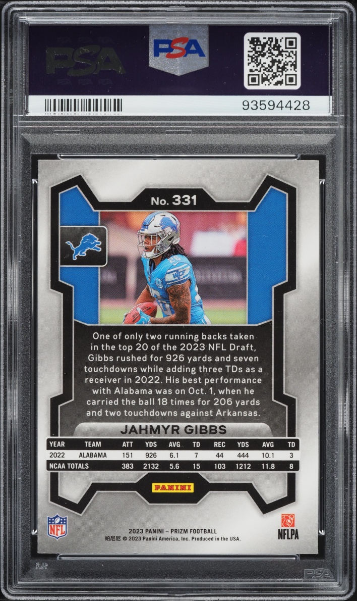 2023 Panini Prizm Jahmyr Gibbs ROOKIE #331 PSA 10 GEM MINT