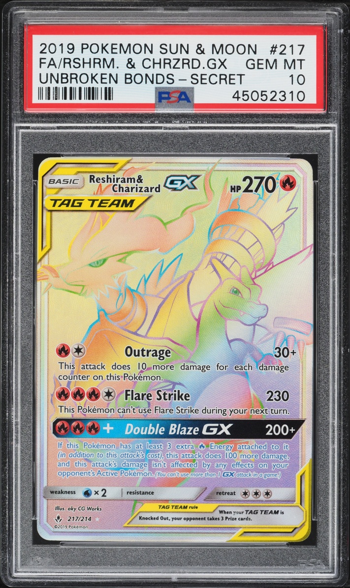 2019 Pokemon Sun & Moon Unbroken Bonds Rainbow Rare Reshiram Charizard GX #217 PSA 10 GEM MINT