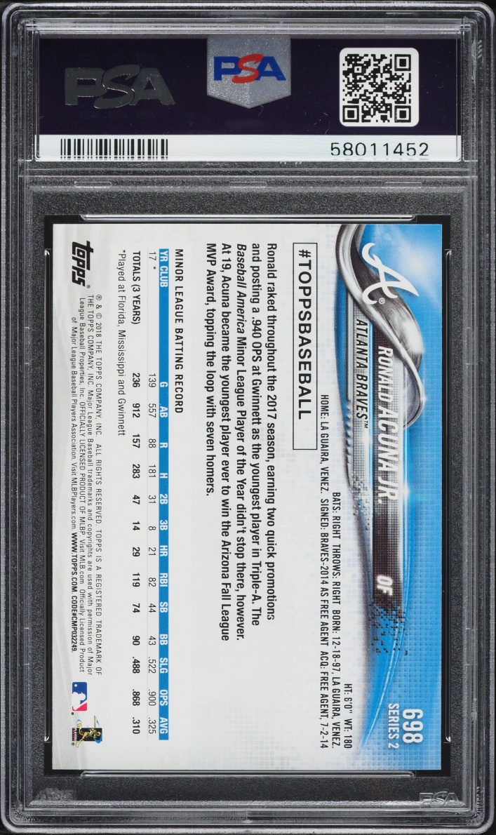 2018 Topps Complete Set Bat Pointing Up Ronald Acuna Jr. ROOKIE #698 PSA 10 GEM MINT