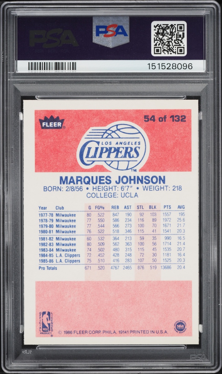 1986 Fleer Basketball Marques Johnson #54 PSA 8 NM-MT