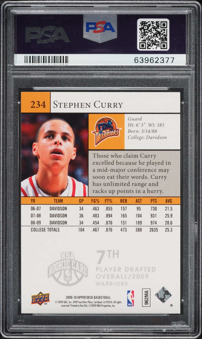 2009 Upper Deck Basketball Stephen Curry ROOKIE #234 PSA 10 GEM MINT