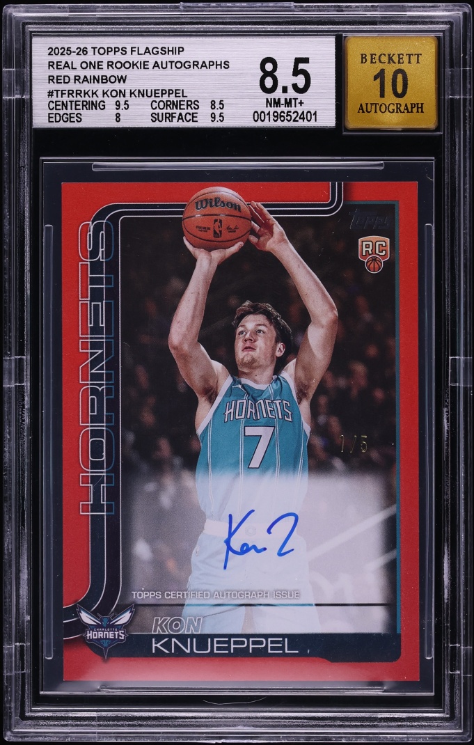 2025 Topps Flagship Real One Red Rainbow Kon Knueppel ROOKIE AUTO 1/5 #TFRR-KK BGS 8.5 NM-MT+