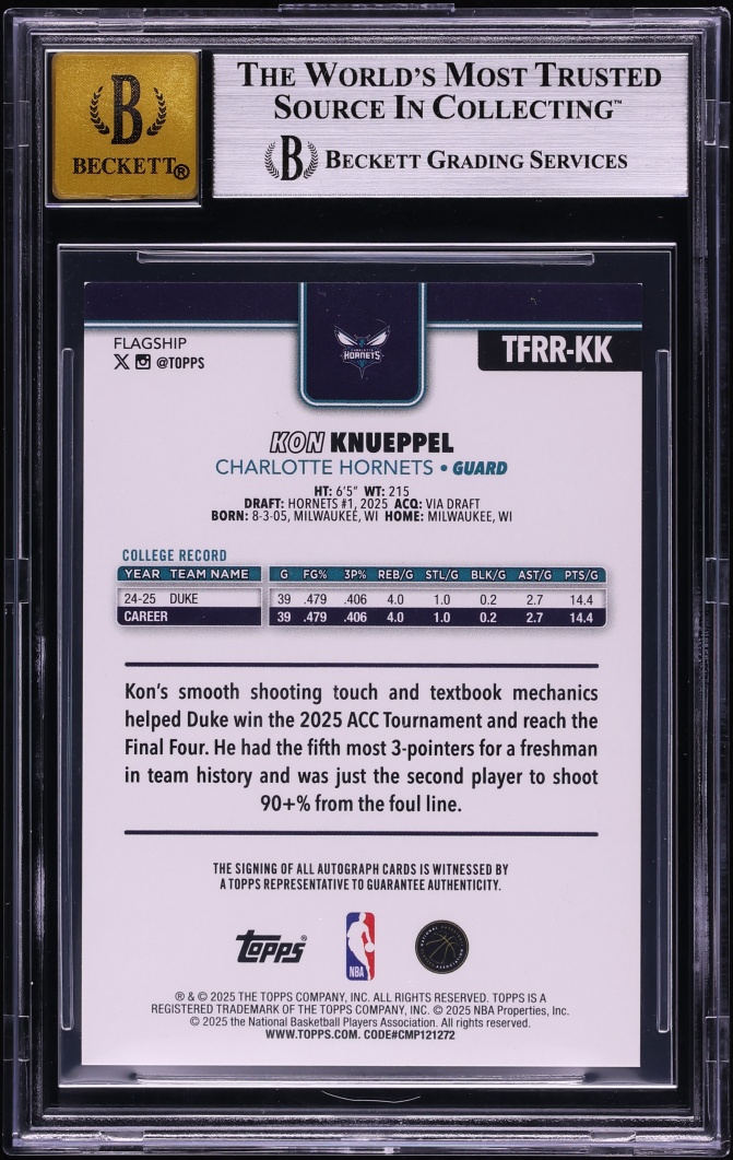 2025 Topps Flagship Real One Red Rainbow Kon Knueppel ROOKIE AUTO 1/5 #TFRR-KK BGS 8.5 NM-MT+