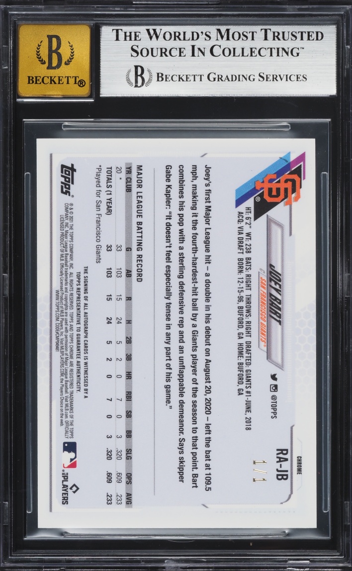 2021 Topps Chrome Superfractors Joey Bart ROOKIE AUTO 1/1 #RAJB BGS AUTH