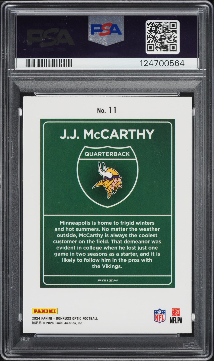 2024 Donruss Optic Downtown J.J. McCarthy ROOKIE #11 PSA 10 GEM MINT