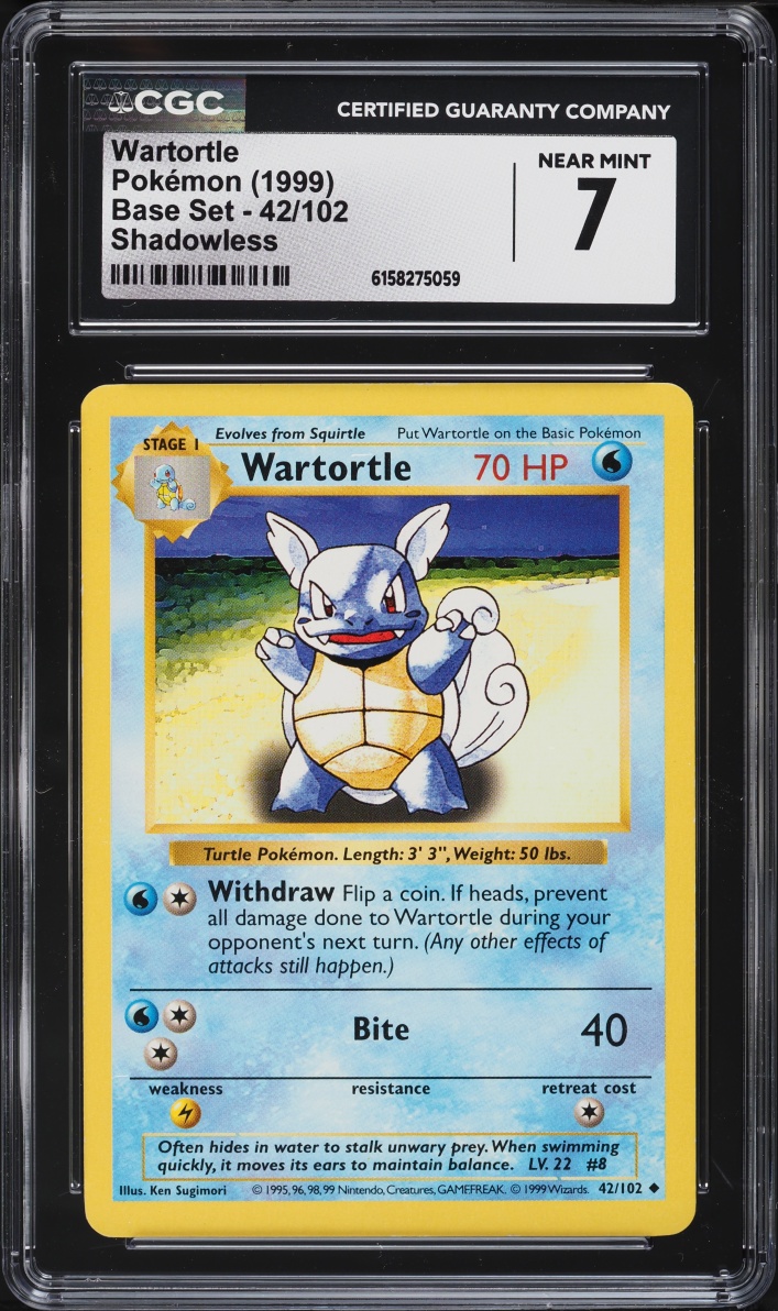 1999 Pokemon Base Set Shadowless Wartortle #42 CGC 7 NRMT