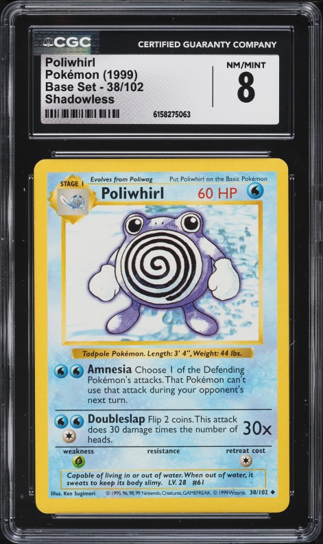 1999 Pokemon Base Set Shadowless Poliwhirl #38 CGC 8 NM-MT