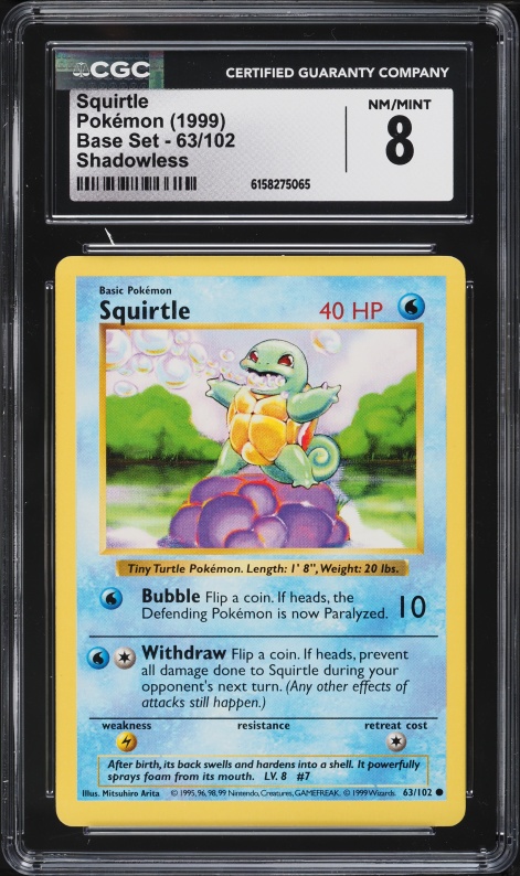 1999 Pokemon Base Set Shadowless Insufficient Ink Error Squirtle #63 CGC 8 NM-MT