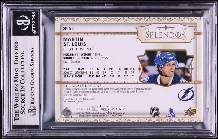 2022 Upper Deck Splendor Martin St. Louis AUTO /36 #SPMS BGS 9 MINT
