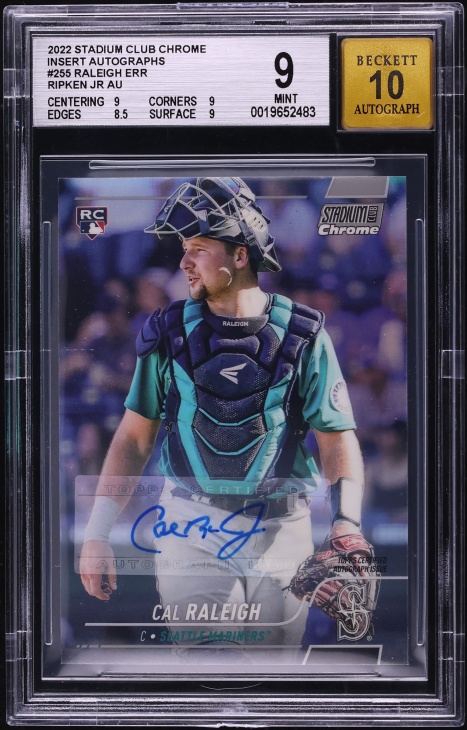2022 Stadium Club Chrome Cal Ripken Jr. Cal Raleigh ROOKIE AUTO ERROR /25 #255 BGS 9 MINT