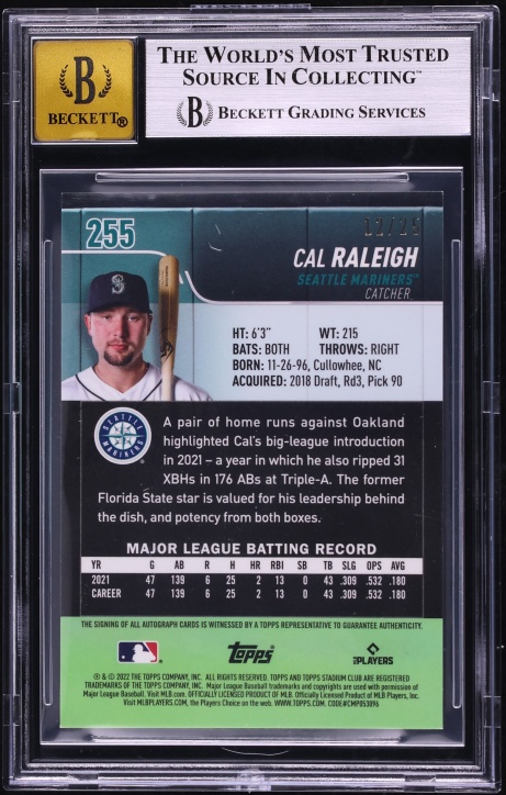 2022 Stadium Club Chrome Cal Ripken Jr. Cal Raleigh ROOKIE AUTO ERROR /25 #255 BGS 9 MINT