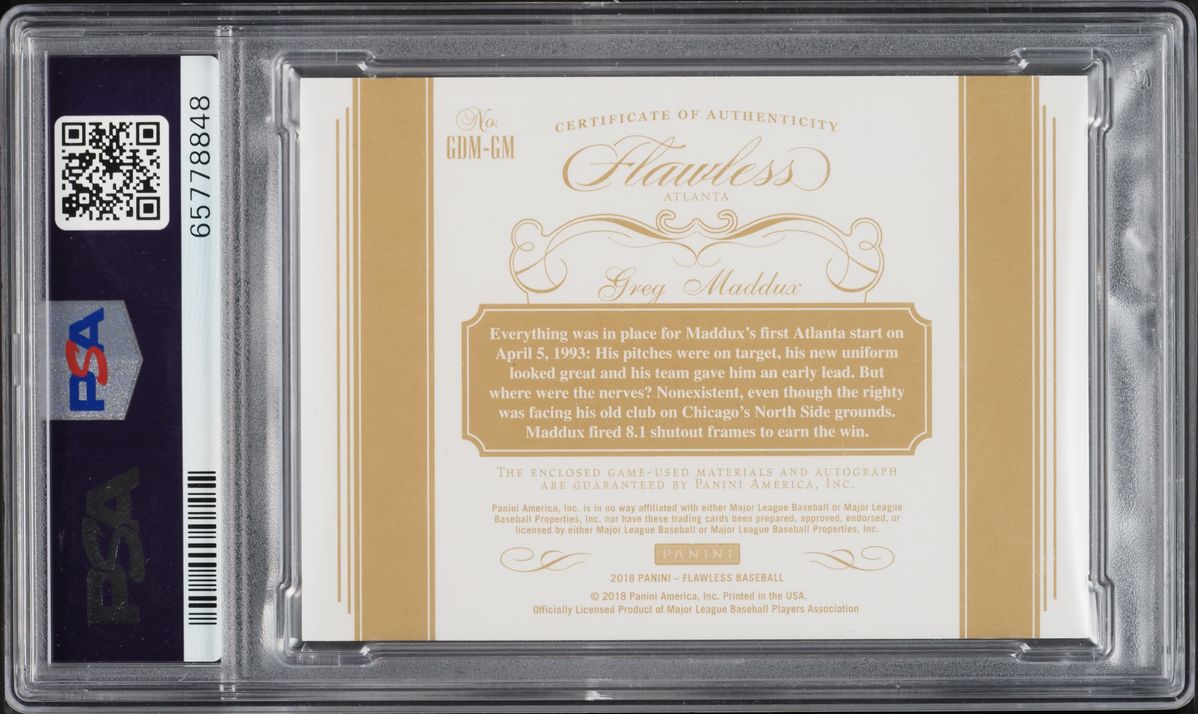 2018 Panini Flawless Greats Dual Gold Greg Maddux PATCH AUTO DNA 10 /5 #GDM-GM PSA 9 MINT