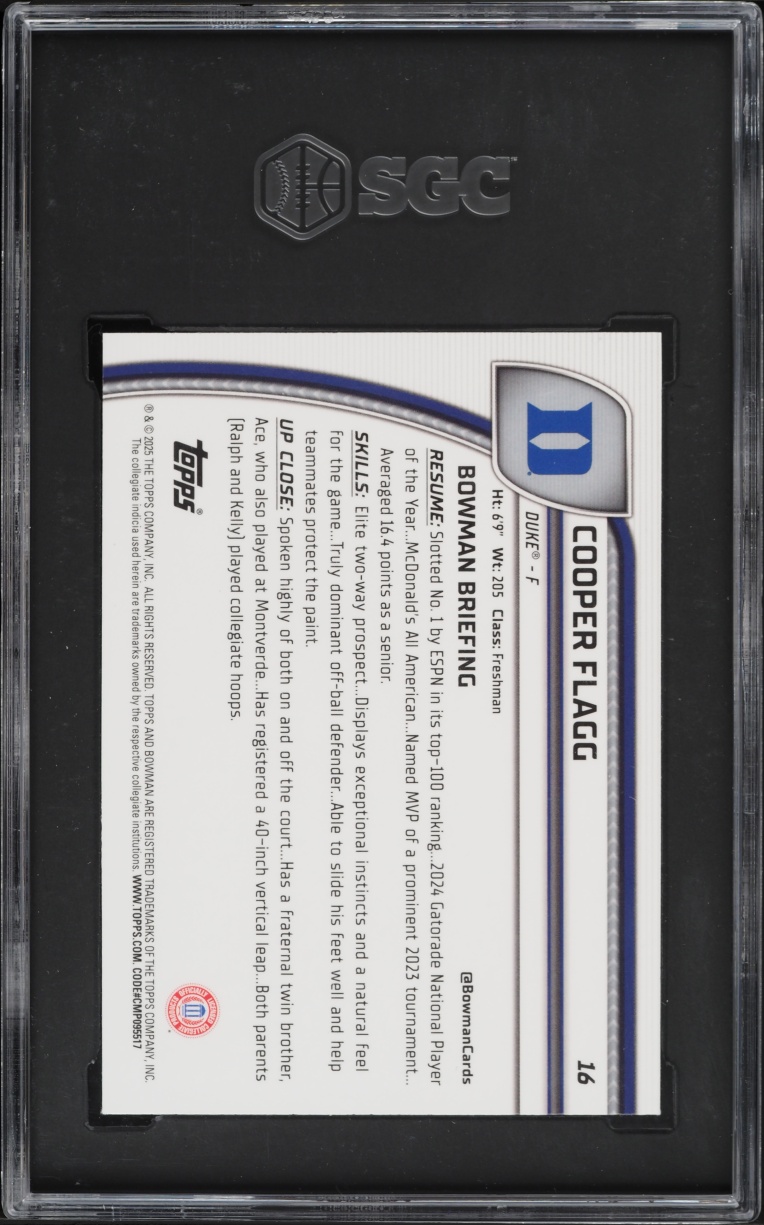 2024 Bowman Chrome University Black Wave Refractor Cooper Flagg ROOKIE #16 SGC 10 GEM MINT