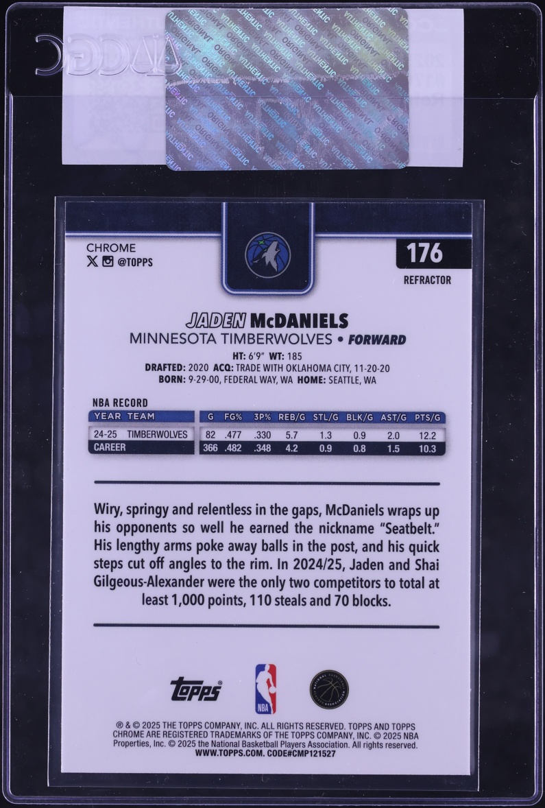 2025 Topps Chrome Refractor Jaden McDaniels #176 CGC AUTH