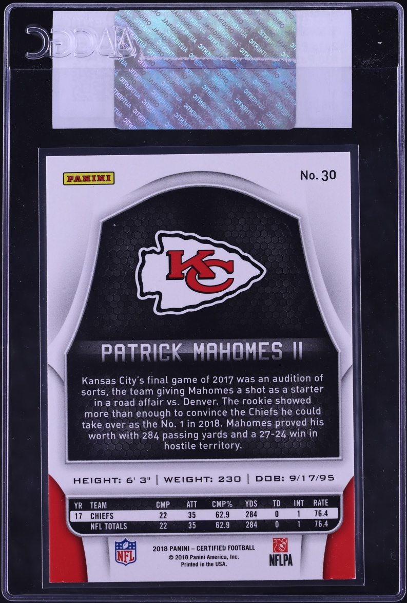 2018 Panini Certified Patrick Mahomes II #30 CGC AUTH