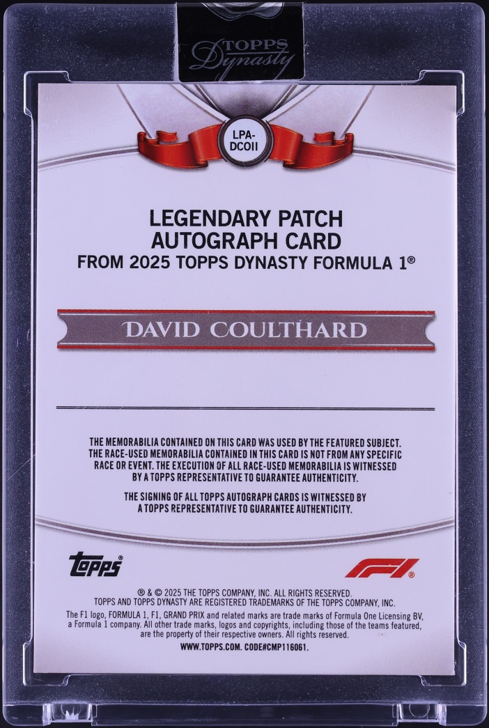 2025 Topps Dynasty Formula 1 F1 Legendary David Coulthard PATCH AUTO /10 #LPA-DCOII