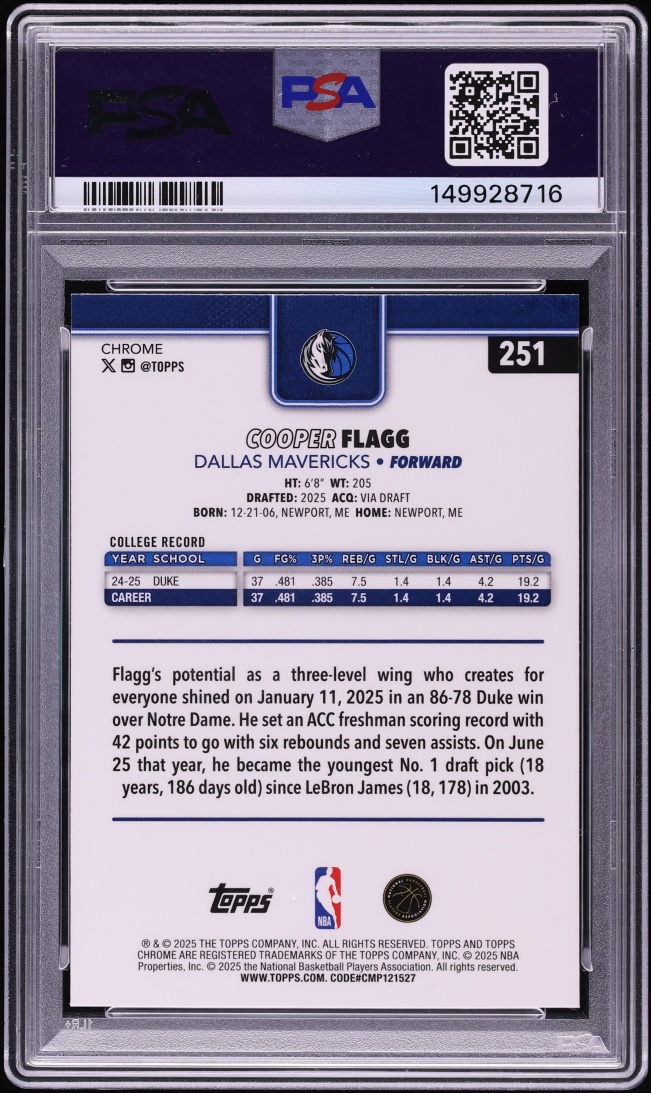 2025 Topps Chrome Blue Refractor Cooper Flagg ROOKIE /150 #251 PSA 9 MINT