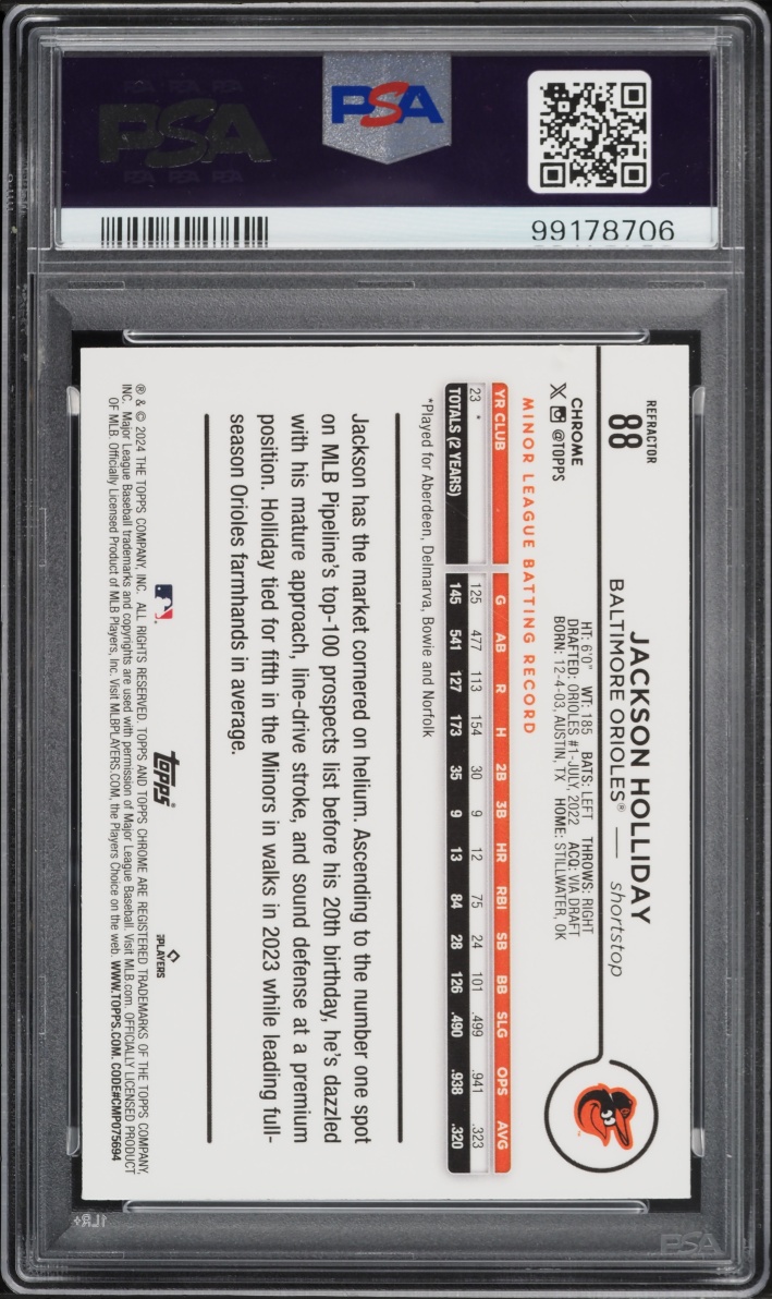 2024 Topps Chrome Refractor Jackson Holliday ROOKIE #88 PSA 9 MINT