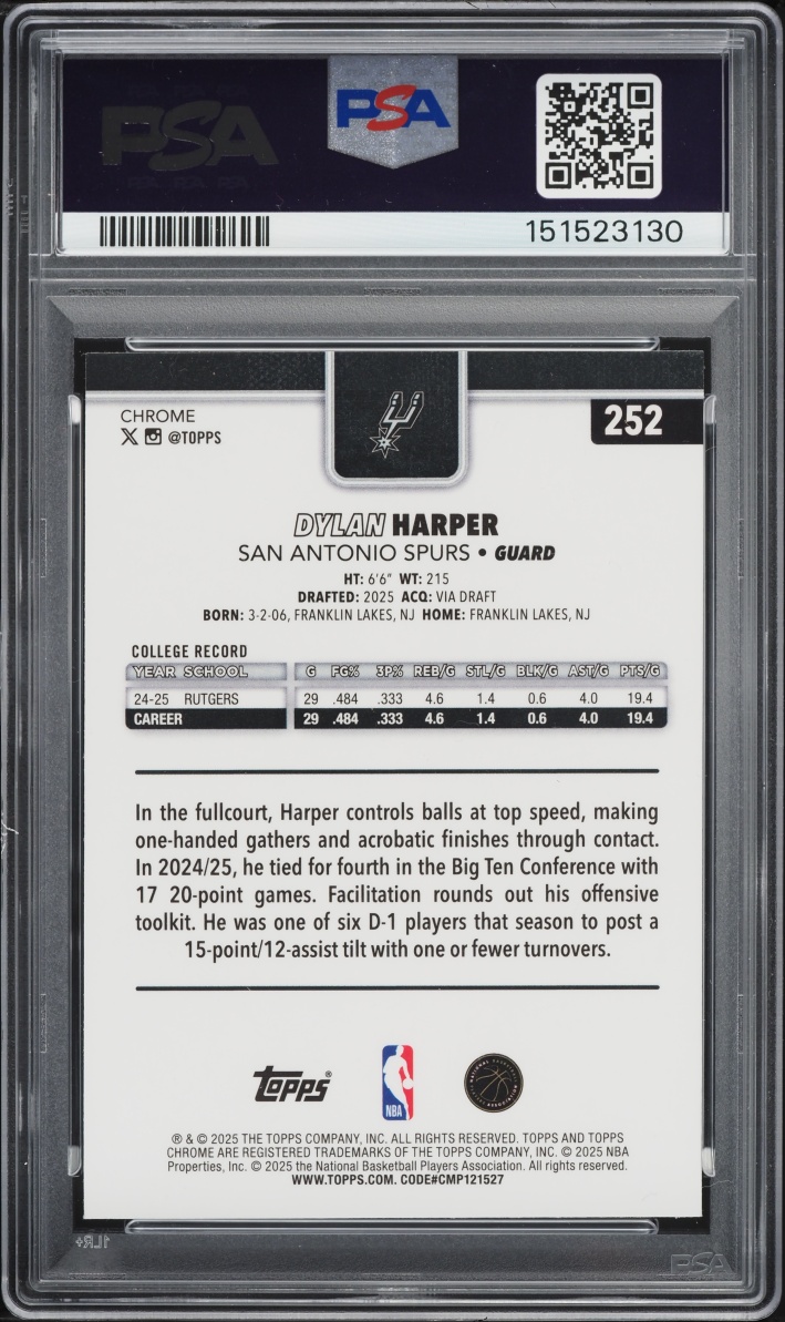 2025 Topps Chrome Aqua Refractor Dylan Harper ROOKIE /199 #252 PSA 9 MINT