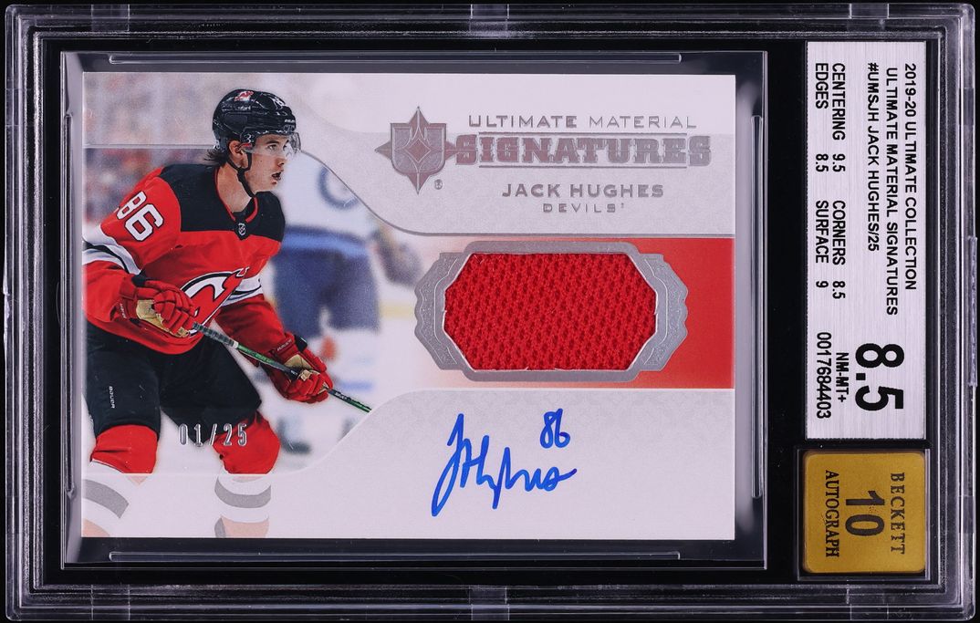 2019 Ultimate Collection Jack Hughes ROOKIE PATCH AUTO 1/25 #UMS-JH BGS 8.5 NM-MT+