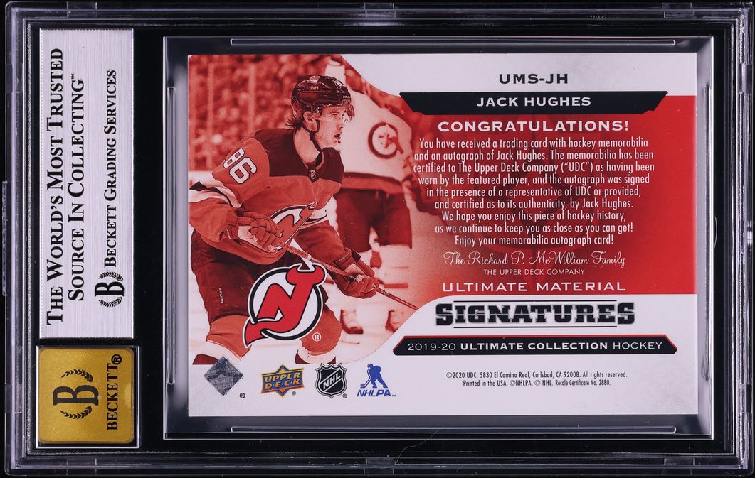 2019 Ultimate Collection Jack Hughes ROOKIE PATCH AUTO 1/25 #UMS-JH BGS 8.5 NM-MT+